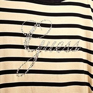 GUESS LOS ANGELES TUNIC TOP..BLACK & WHITE STRIPES WITH GUESS IN RHINESTONES